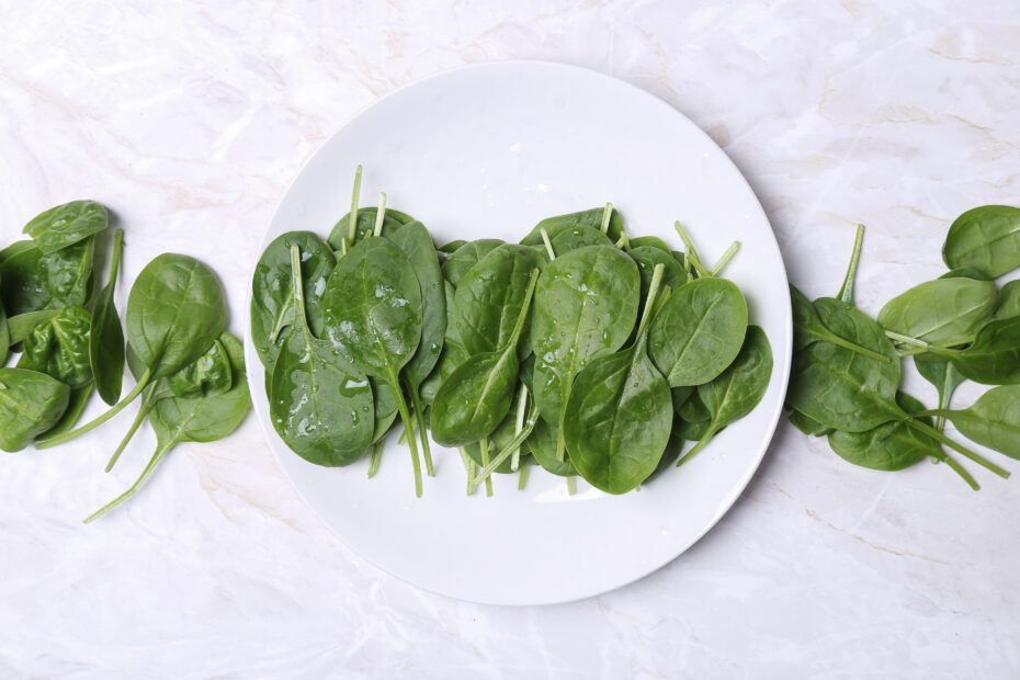 Feuilles d'épinards frais posées sur une assiette blanche